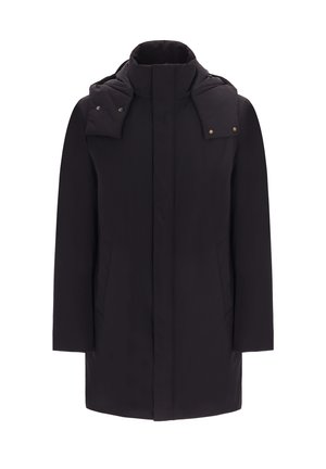 Cappotto imbottito nero con colletto alto, chiusura con zip, doppie tasche laterali e spalle decorate con bottoni a pressione dorati. Materiale impermeabile.