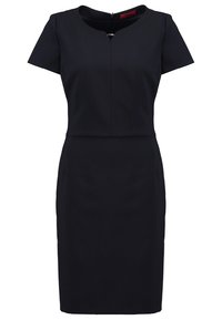 Robe noire ajustée avec manches courtes, encolure ronde et détail œillet à l'avant. Tissu lisse et longueur au genou.