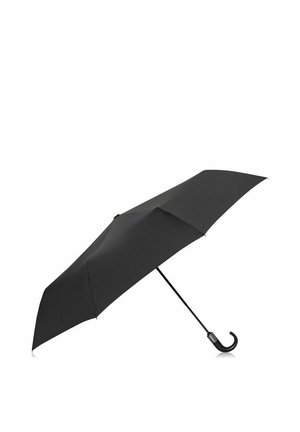 Czarny parasol o gładkiej, matowej powierzchni, z zakrzywioną rączką i mocnym, prostym metalowym trzonkiem. Kompaktowy, ze wsparciem ośmiu żeber.