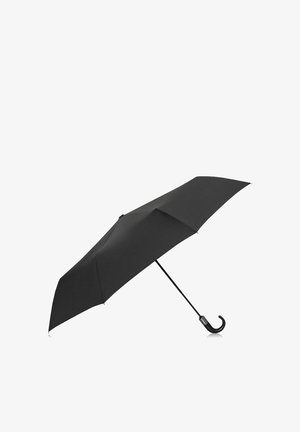 Czarny parasol o gładkiej, matowej powierzchni, z zakrzywioną rączką i mocnym, prostym metalowym trzonkiem. Kompaktowy, ze wsparciem ośmiu żeber.