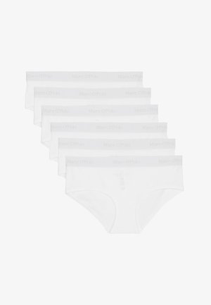Cinq paires de slip en coton blanc avec une douce ceinture grise, ornées d'un imprimé subtil du logo "Marc O'Polo". Texture lisse et coupe classique.