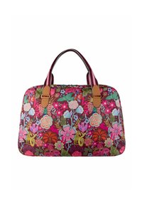 Sac à motif floral avec une base bordeaux, orné de fleurs multicolores. Poignées et détails d'accent en cuir beige, forme rectangulaire.