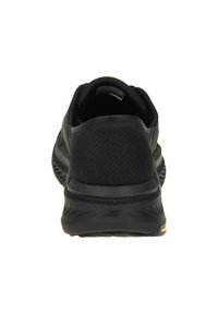 Black athletic shoes featuring a mesh upper for breathability, cushioned heel, and textured sole with a logo accent on the back.