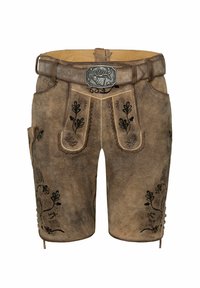 Lederhosen mit gestickten Blumenmustern in Schwarz und Hellbraun, ausgestattet mit einem dekorativen Metallschnalle und seitlichen Taschen.