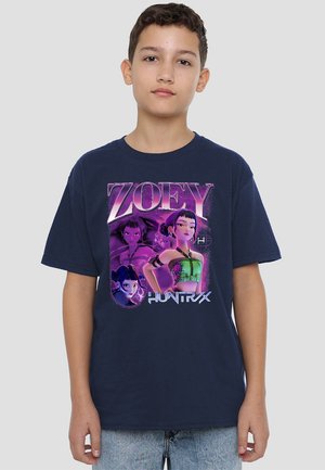Navy blue cotton t-shirt featuring a graphic design with the name "ZOEY" and stylized characters in vibrant colors and accents.