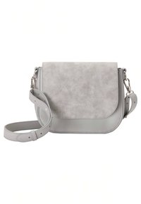 Sivá crossbody taška z umelej kože s hladkým povrchom, obdĺžnikovým tvarom, nastaviteľným popruhom a jemným logom značky na prednej strane.