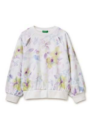 Felpa bianca a maniche lunghe con motivi floreali in viola chiaro, giallo e blu, polsini e orlo a coste.