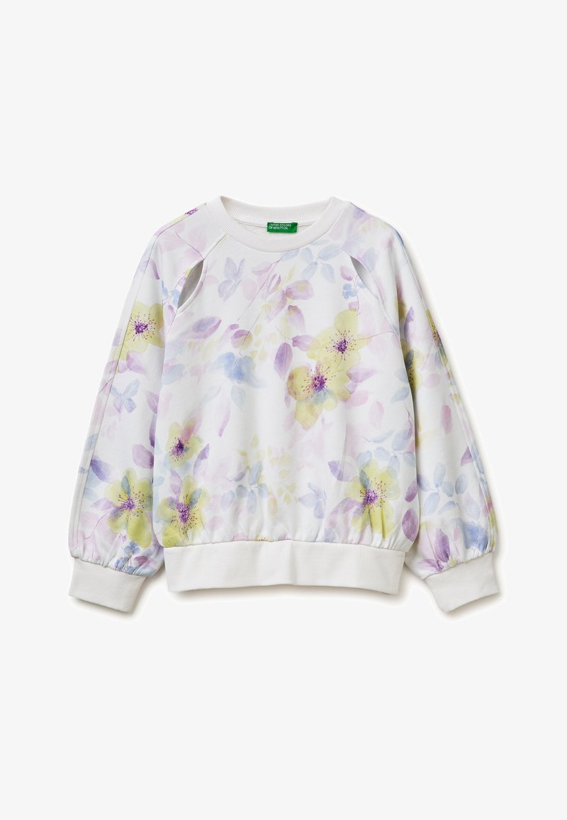 Biała bluza z długim rękawem z jasnofioletowymi, żółtymi i niebieskimi wzorami kwiatowymi, ściągaczami na rękawach i u dołu.