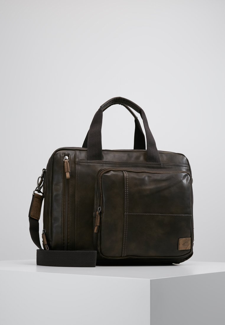 Braune Leder-Laptoptasche mit doppelten oberen Griffen, abnehmbaren Schulterriemen, vorderer Reißverschlusstasche und dezenten Steppnähten.