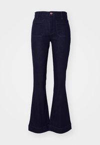 Uppvikta jeans i mörkblå denim. Hög midja med knappstängning fram. Har två bakfickor och en slät yta med sömnadsdetaljer.