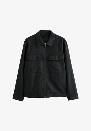Black jacket made of a textured fabric, featuring a zip closure, a spread collar, and two chest pockets with flat flaps.