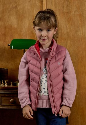 Jauna mergaitė su mėlynomis akimis, vilkinti rožinę pūstą liemenę ir megztinį su vištos piešiniu, stovi patalpose šalia medinio stalo su šachmatų figūromis.