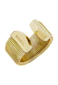 Gouden metalen cuffarmband met een flexibele spiraalontwerp, voorzien van twee gepolijste rechthoekige uiteindes gegraveerd met "BREIL." Gladde, glanzende afwerking.