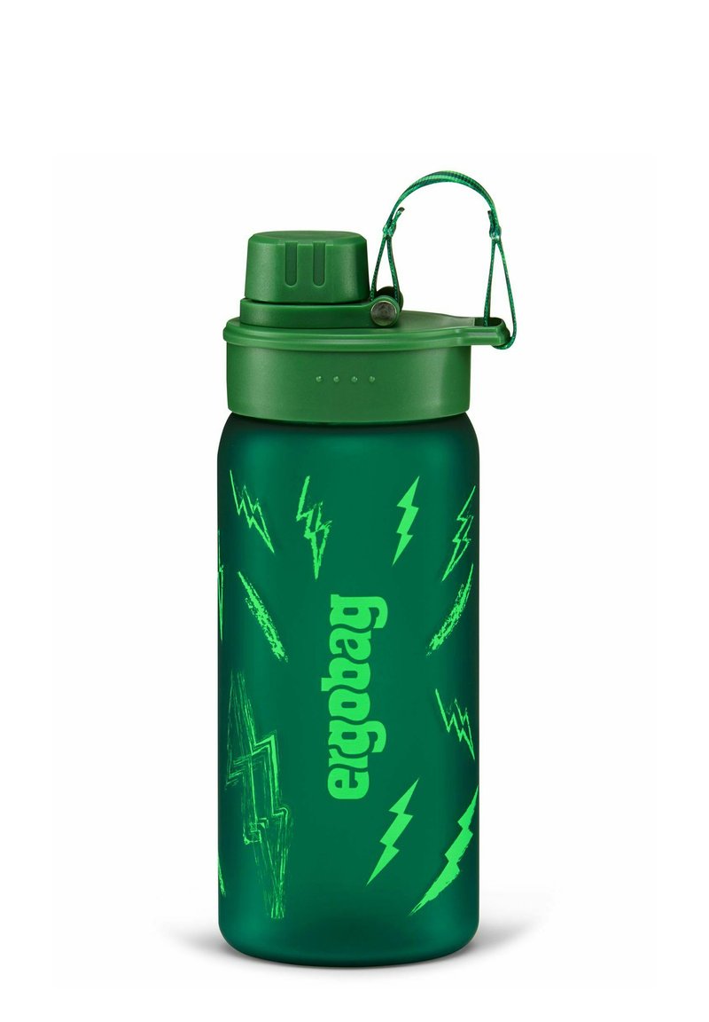 Green plastic water bottle with a textured finish, featuring a screw top and attached handle. Accented with lightning bolt graphics.