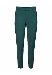 Tyrkysové slim-fit kalhoty s kapsami a pásem, vystavené na bílém pozadí.