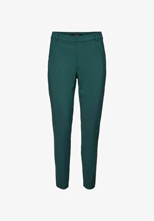 Pantalons slim-fit teal avec poches et ceinture, affichés sur un fond blanc.