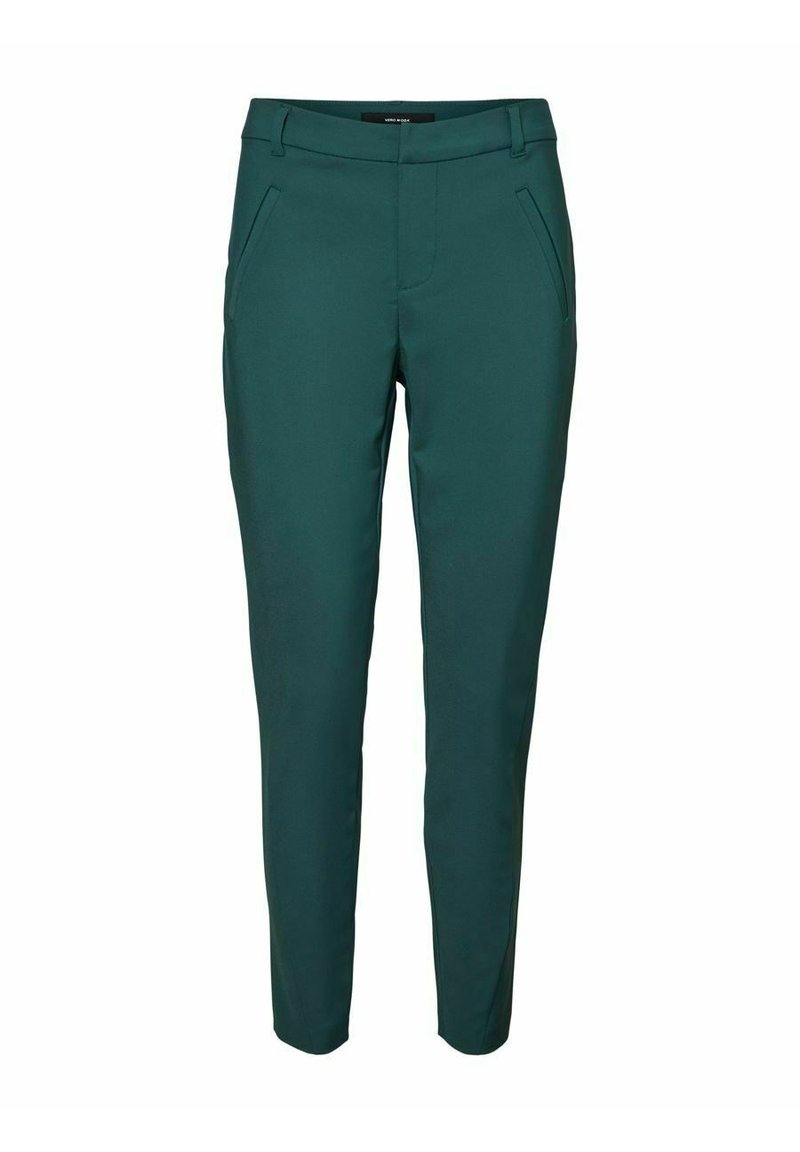 Tyrkysové slim-fit kalhoty s kapsami a pásem, vystavené na bílém pozadí.