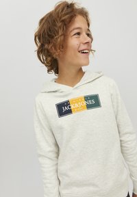 Felpa grigia chiara con tasca a marsupio, caratterizzata da un logo multicolore sul petto. Tessuto morbido e testurizzato con cappuccio.