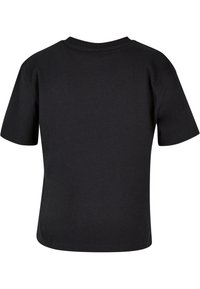 Sort kortærmet t-shirt lavet af bomuld, med rund halsudskæring og en ensfarvet ryg uden mønstre eller yderligere detaljer.