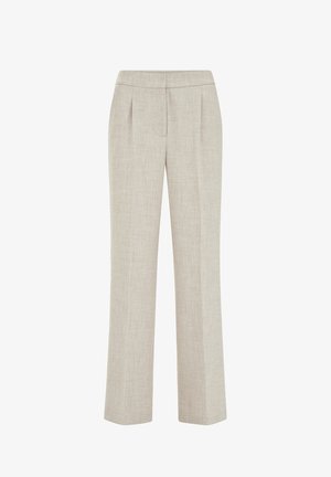 Heledat beeži naiselikud pükstest ees voldid ja sirged sääred valgel taustal.