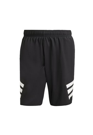 Černé sportovní šortky s elastickým pasem, na každé straně s třemi bílými diagonálními pruhy pro designový efekt. Jemný povrch látky.