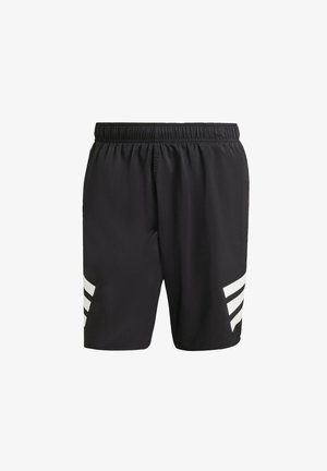 Zwarte sportshorts met een elastische tailleband, voorzien van drie witte diagonale strepen aan elke kant voor designaccenten. Zachte stofafwerking.