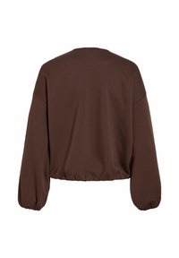 Pruun lühike dressipluus pikkade pöörlevate varrukatega, ümmarguse kaelusega ja kogutud äärega detailiga, valmistatud pehmest, tekstuuriga kangast.