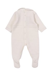 Body neonato bianco in maglia, con maniche lunghe, chiusura a bottoni dal collo all'inguine e design con i piedi. Presenta un piccolo colletto e variazioni di texture.