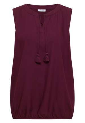 Ärmellose bordeauxrote Bluse mit rundem Ausschnitt, vorderem Schlüsselloch und Quastenbändern sowie elastischem Saum.
