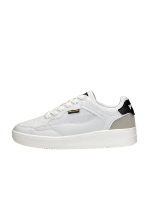 White sneakers featuring a smooth leather upper, lace closure, grey and black accent on the heel, and a thick rubber sole.