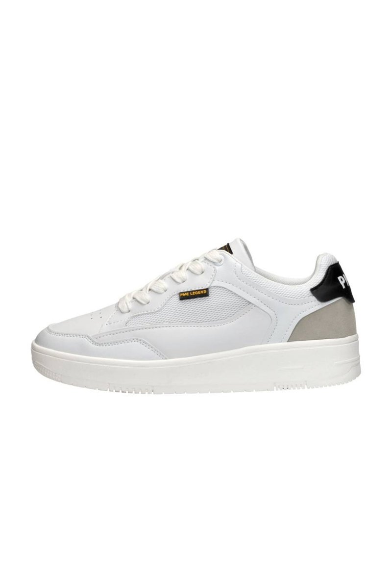 White sneakers featuring a smooth leather upper, lace closure, grey and black accent on the heel, and a thick rubber sole.