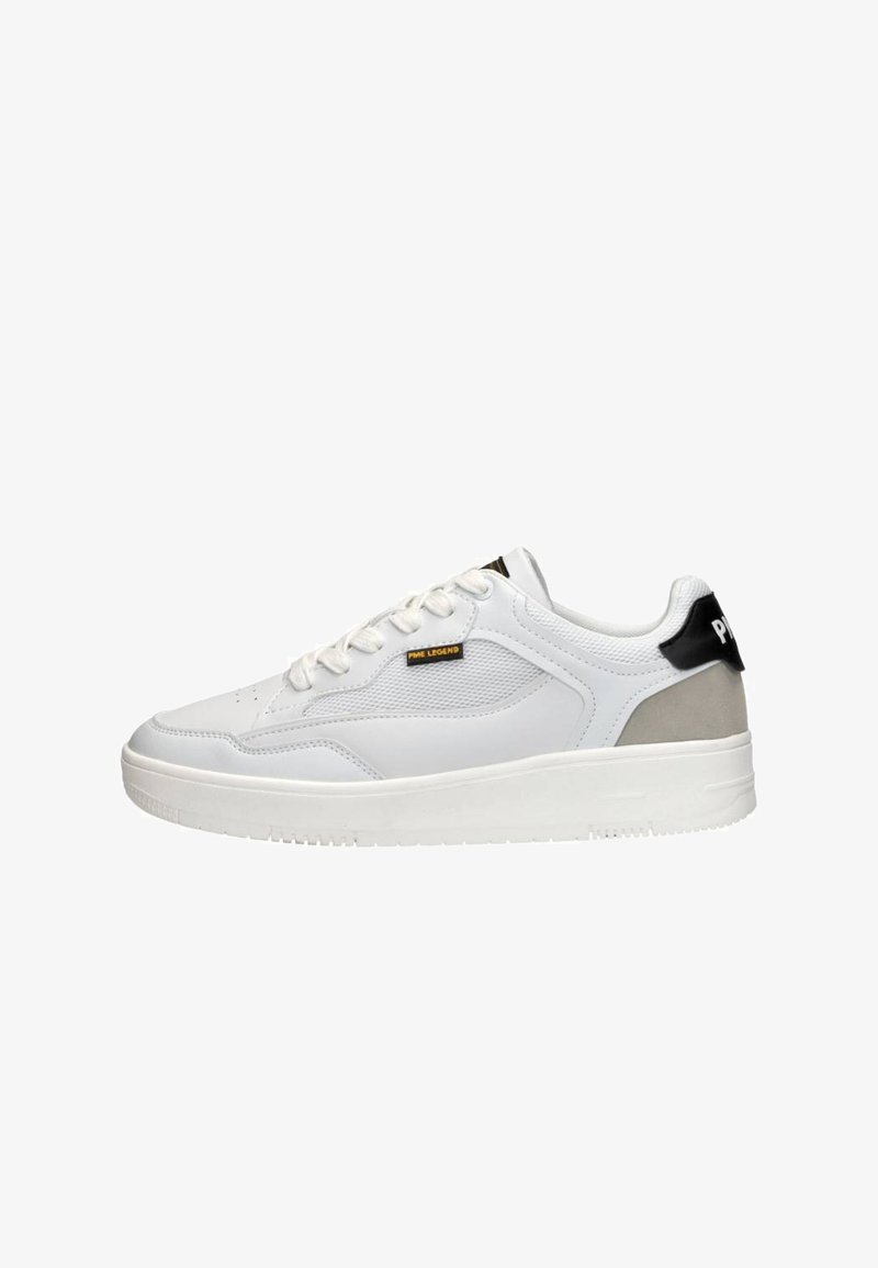 White sneakers featuring a smooth leather upper, lace closure, grey and black accent on the heel, and a thick rubber sole.