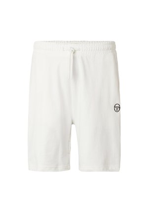 Valged põlveni ulatuvad lühikesed püksid elastse vöökohaga, paelaga ja väike must logo paremal reiel.