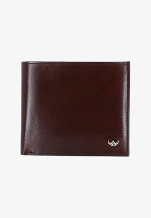 Portefeuille bifold en cuir marron avec coutures visibles et petit logo argenté en bas à droite sur fond blanc.