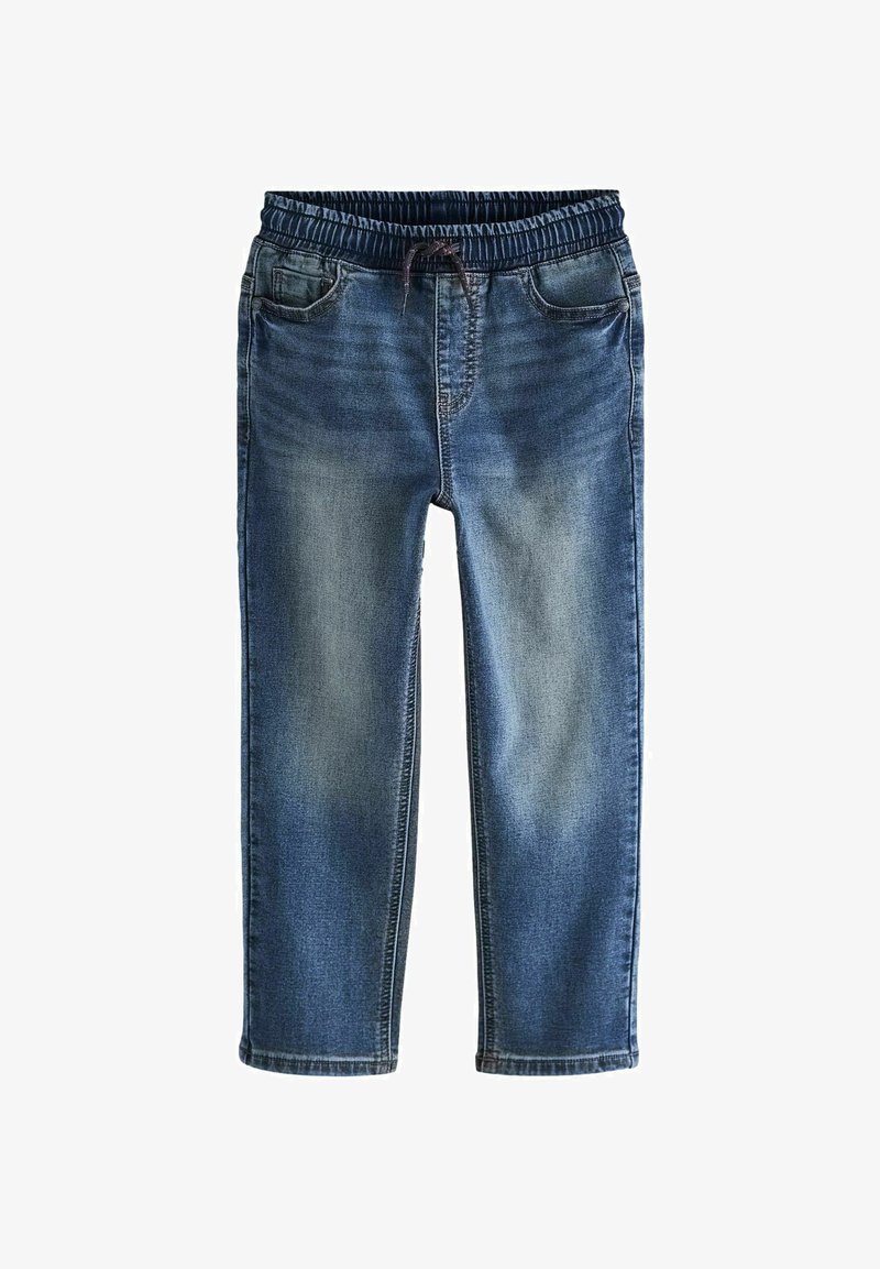 Jeans de denim azul con cinturilla elástica, diseño de cinco bolsillos y lavado envejecido. Corte recto y dobladillo cosido. Look casual.