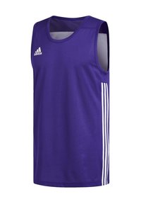 Maillot de sport sans manches Adidas violet avec logo blanc sur la poitrine et trois bandes blanches verticales sur le côté.