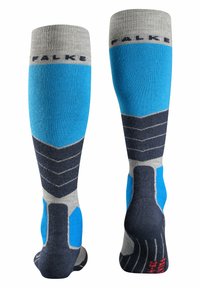 Calze al ginocchio con una combinazione di colori blu, grigio e blu scuro. Presentano una texture a costine, un marchio sul polsino e un design rinforzato per il tallone e le punte.