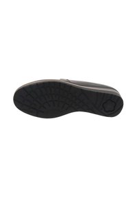 Suola di scarpa nera con pattern di grip testurizzato, punta arrotondata e zip laterale. Materiale in gomma con accenti minimi.