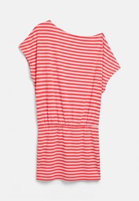 Robe ample à manches courtes avec des rayures horizontales corail et rose clair et une taille élastique, présentée à plat sur fond blanc.