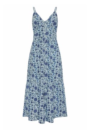 Vloeiende blauwe bloemenjurk met dunne bandjes, een V-halslijn, knoopdetails en een gelaagde rok, met ingewikkelde blauwe en groene patronen.