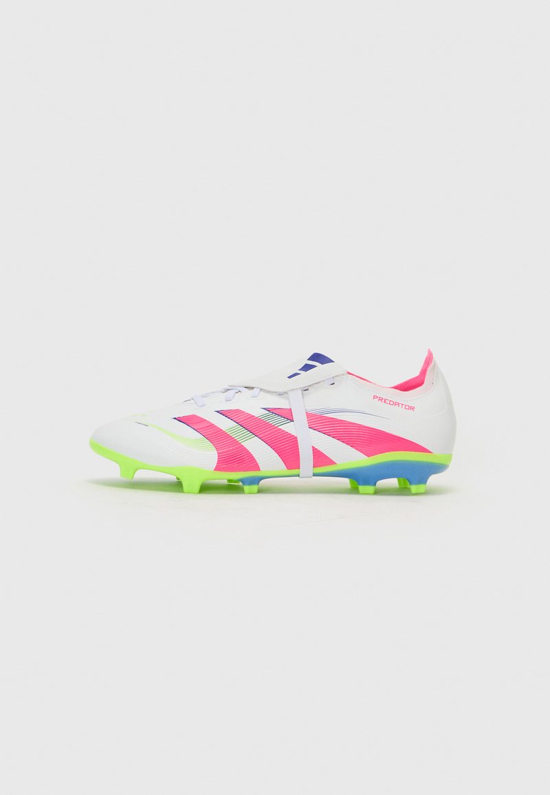 White soccer cleat with pink and green accents, featuring a textured surface, flat laces, and a flexible sole with molded studs.