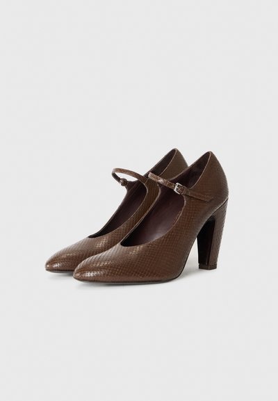 Smeđe kožne Mary Jane cipele s teksturiranim uzorkom, špicastim vrhom i visokim blok potpeticama. Imaju remen oko gležnja sa srebrnom kopčom.