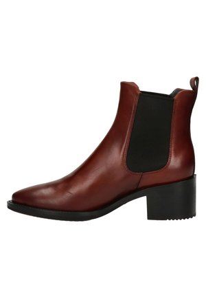 Bottines en cuir marron avec un bout pointu et un panneau élastique sur le côté. Talon bloc et semelle en caoutchouc noir texturé. Finition lisse.
