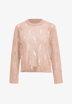 Svetle růžový pletený svetr s dlouhými rukávy, který má otevřené pletené detaily a zkrácený střih. Texturovaná tkanina se jemnými vzory.
