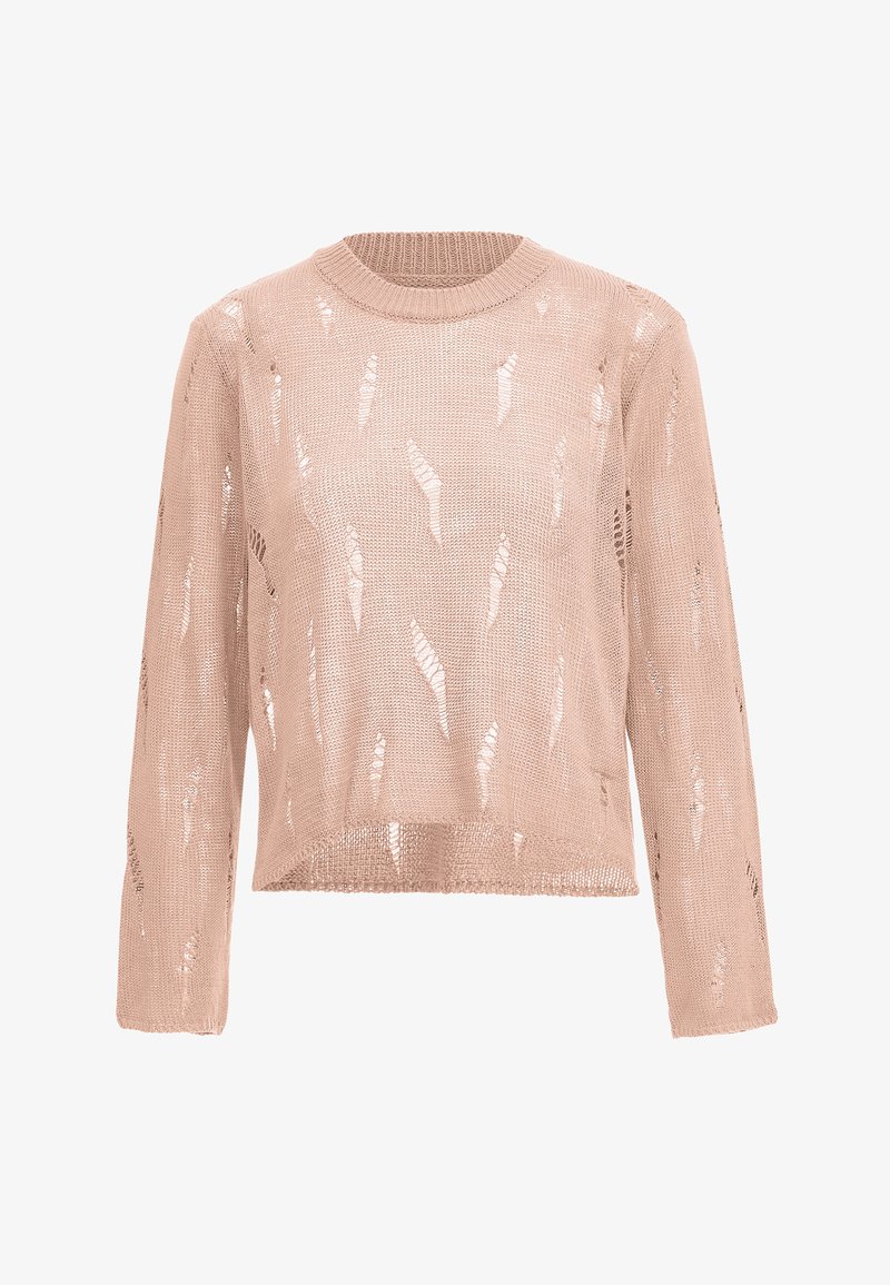 Világos rózsaszín, hosszú ujjú kötött pulóver, nyitott kötési részletekkel és rövidített fazonnal. Textúrált anyag finom mintákkal.