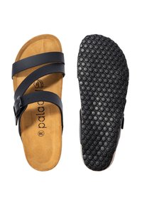 Zwarte schuifsandalen met twee banden, kurken voetbed en een gestructureerde zwarte rubberen buitenzool met een honingraatpatroon.