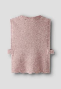 Ljusrosa stickad väst med rund halsringning, vågig nederkant och sidöglor för knäppning. Mjuk textur och sömlös design.