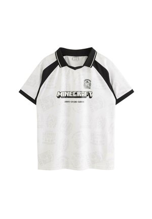 Hvid Minecraft T-shirt med korte ærmer med sort krave og ærmer, med teksten "Adventure Attitude" og "Create Explore Survive".