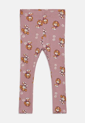 Rosa ribbede leggings med et mønster av tegneseriehunder og små hvite blomster, laget av elastisk stoff for komfort.