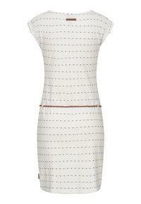 Rochie din bumbac de culoare crem deschis, cu dungi bleumarin. Mâneci scurte, decolteu rotund și talie cu șnur pentru o ajustare confortabilă.